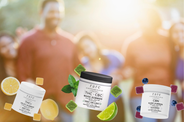 Rare Cannabinoid Company gummies are seen along with happy people.