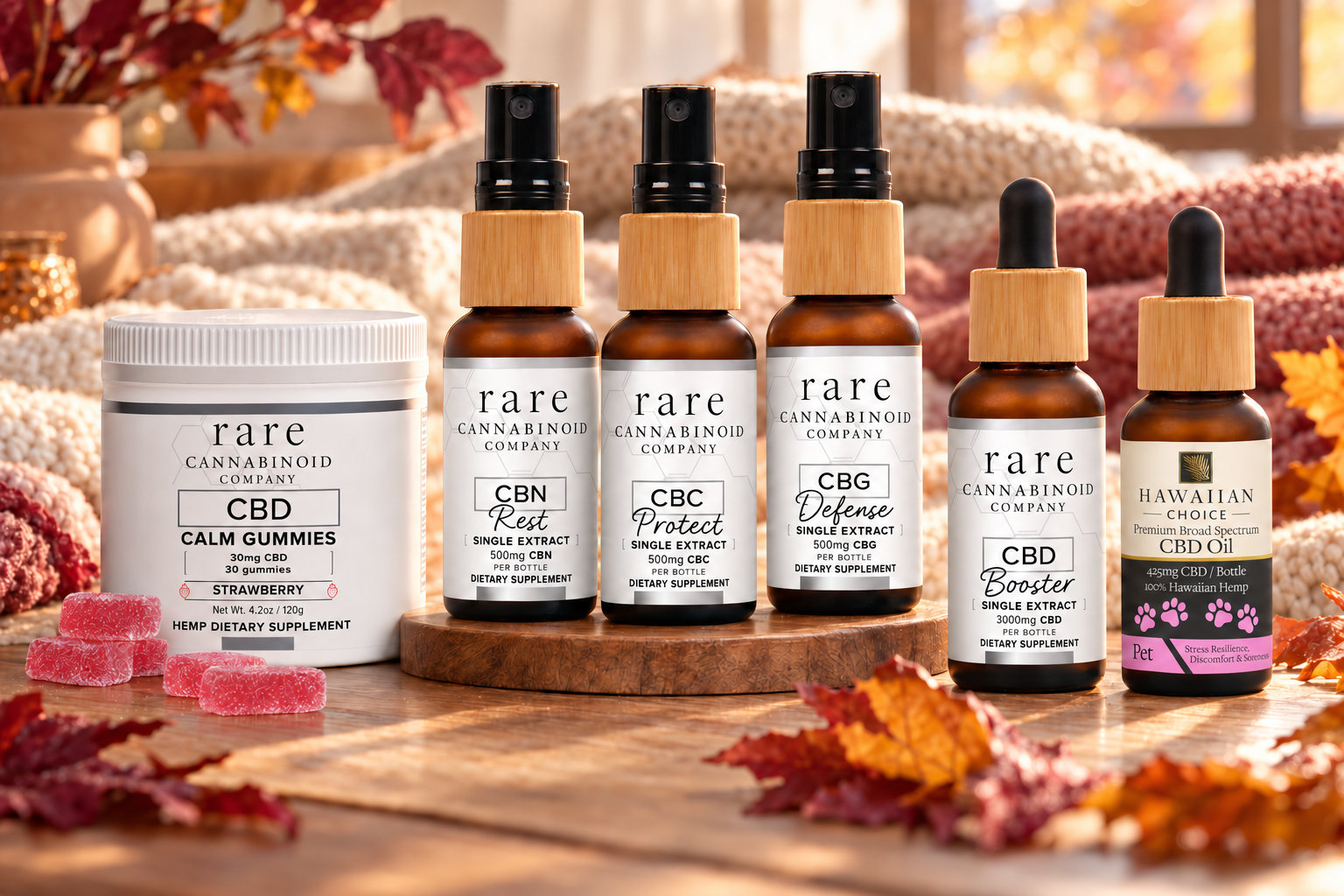 Fall Favorites: CBD Gummies and oils of CBN, CBC, CBG, CBD, and Pet CBD from Rare Cannabinoid Company.